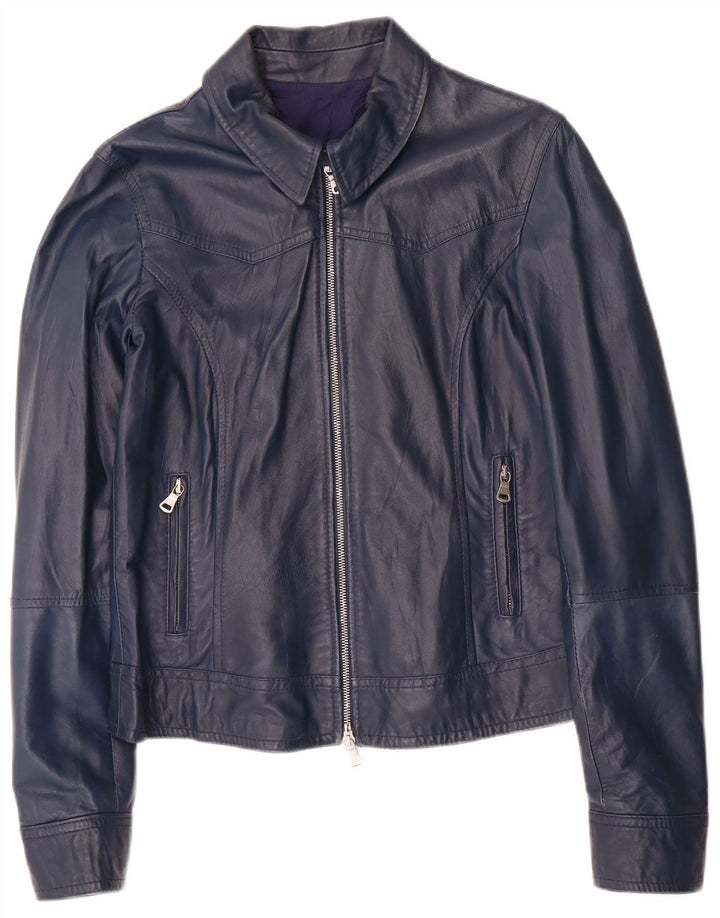 Винтажная женская укороченная кожаная куртка UK 14, большая темно-синяя кожаная