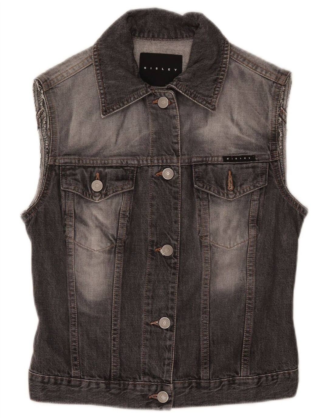 SISLEY Womens Denim Gilet UK 10 Small Grey Cotton