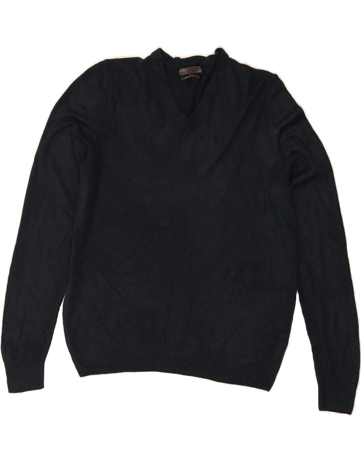 MARKS & SPENCER Mens V-Neck Jumper Sweater Medium Navy Blue Acrylic Vintage Marks & Spencer and Second-Hand Marks & Spencer from Messina Hembry 