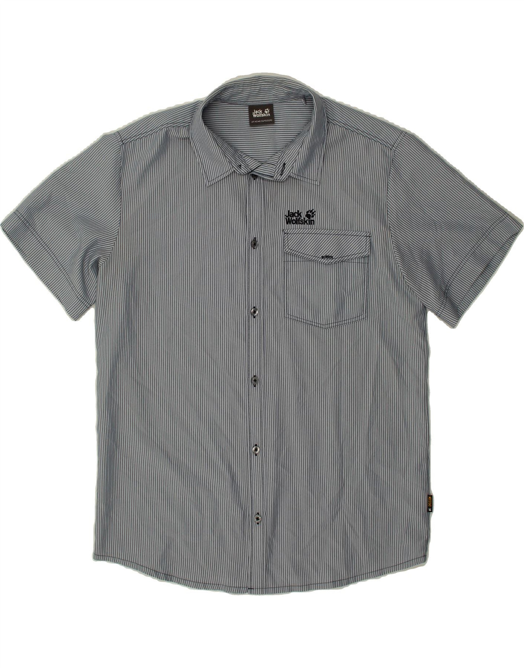 JACK WOLFSKIN Mens Short Sleeve Shirt Medium Navy Blue Striped Vintage Jack Wolfskin and Second-Hand Jack Wolfskin from Messina Hembry 
