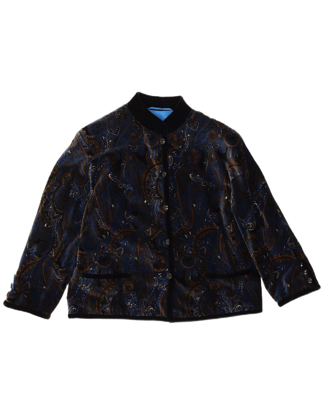 ВИНТАЖНЫЙ женский бархатный пиджак на 5 пуговицах, Великобритания 14, большой синий с узором пейсли