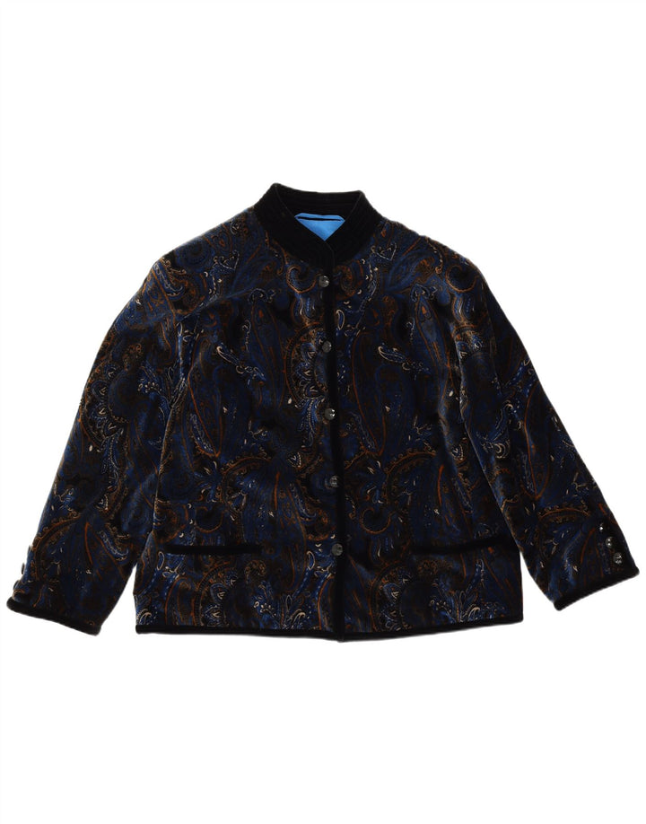 ВИНТАЖНЫЙ женский бархатный пиджак на 5 пуговицах, Великобритания 14, большой синий с узором пейсли