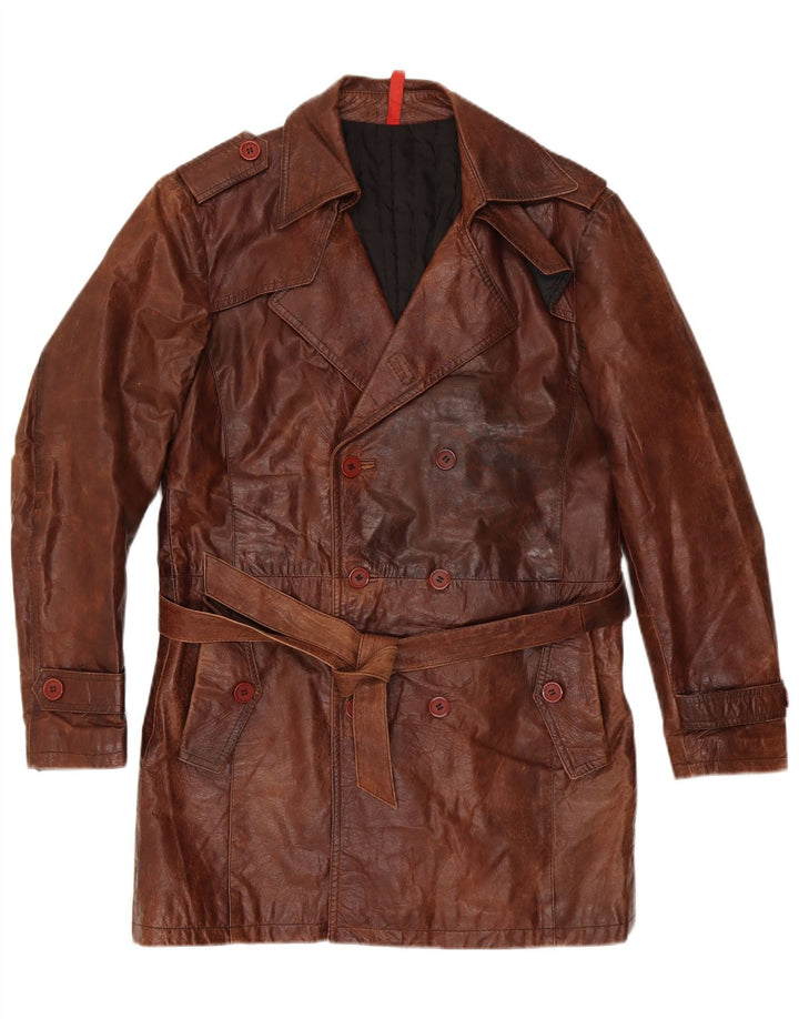 ВИНТАЖНОЕ Мужское двубортное кожаное пальто в стиле милитари IT 50, большое коричневое
