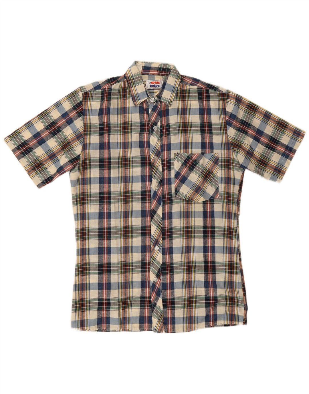 Винтажная мужская рубашка с коротким рукавом, средняя разноцветная клетка