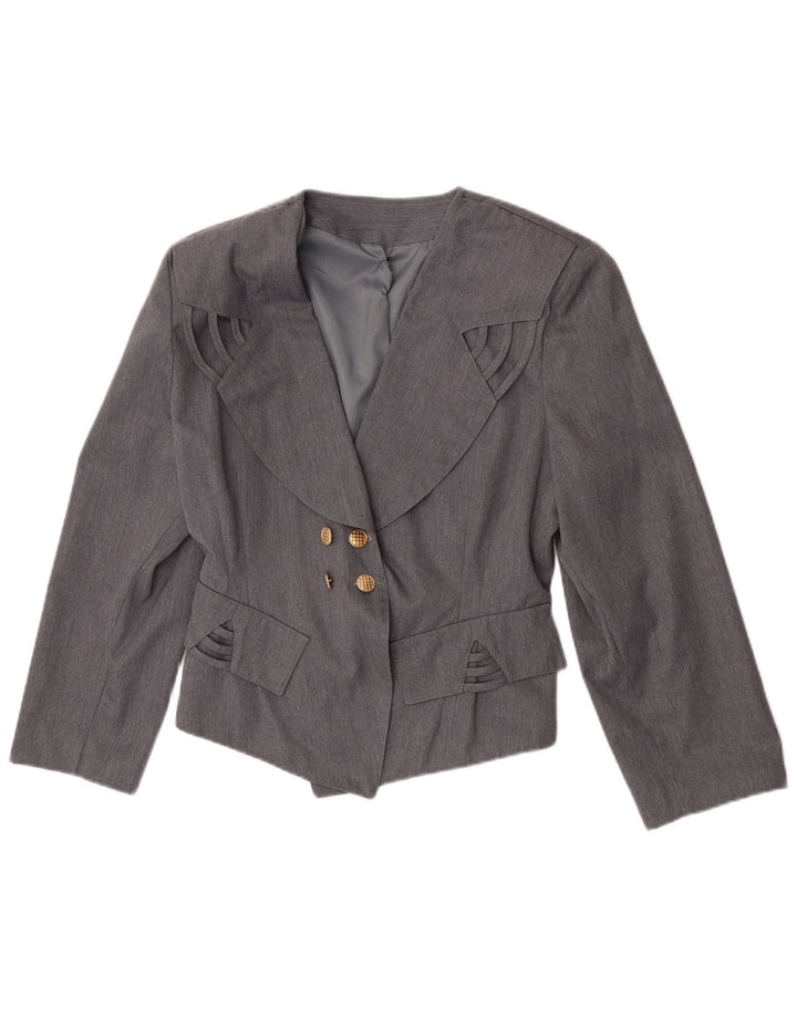 Винтажный женский двубортный пиджак, Великобритания 12, средний серый полиэстер