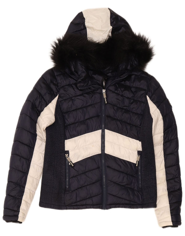 Женская утепленная куртка с капюшоном Superdry UK 14, большая темно-синяя с цветными блоками