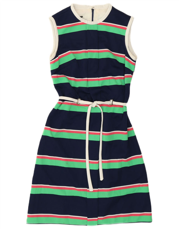 Винтажное женское платье А-силуэта без рукавов UK 12, средний темно-синий в полоску