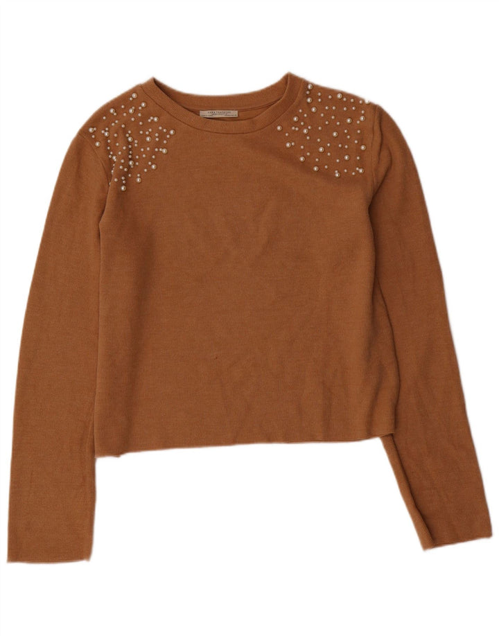 Женский укороченный свитер с круглым вырезом ZARA UK 16, большой коричневый цвет