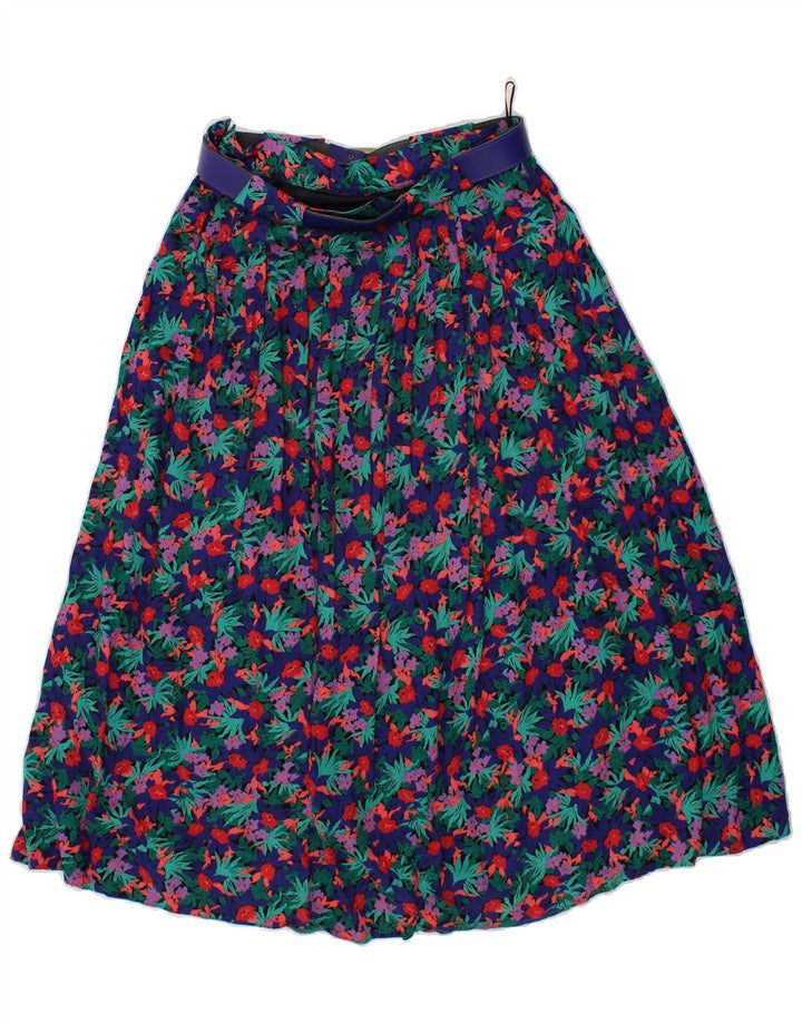 VINTAGE Womens A-Line Skirt UK 14 Medium W30 Blue Floral Polyester Vintage Vintage and Second-Hand Vintage from Messina Hembry 