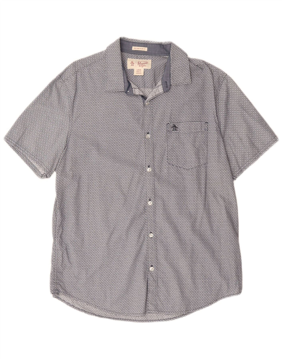 Мужская рубашка узкого кроя с коротким рукавом PENGUIN Heritage, большая синяя с геометрическим узором