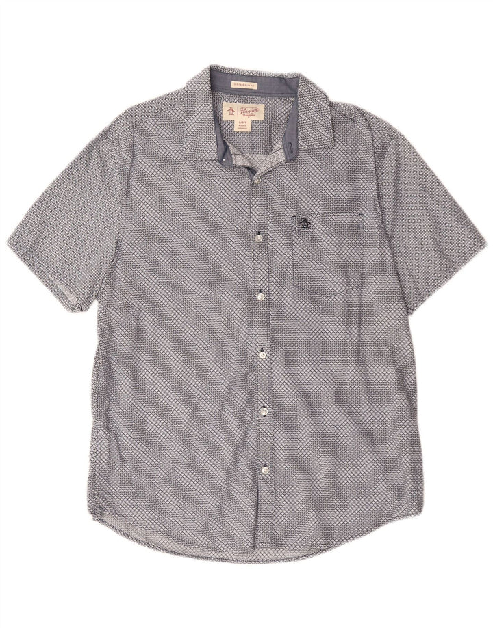 Мужская рубашка узкого кроя с коротким рукавом PENGUIN Heritage, большая синяя с геометрическим узором