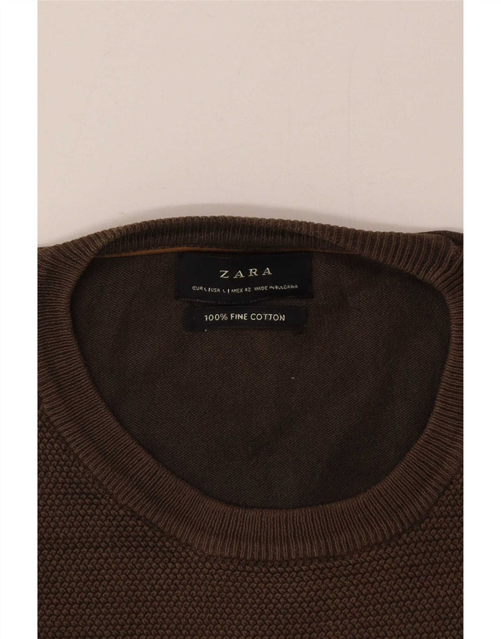 Мужской джемпер с круглым вырезом Zara, большой коричневый хлопковый свитер