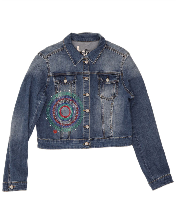 Женская укороченная джинсовая куртка Desigual с графическим рисунком EU 42, большой синий полиэстер