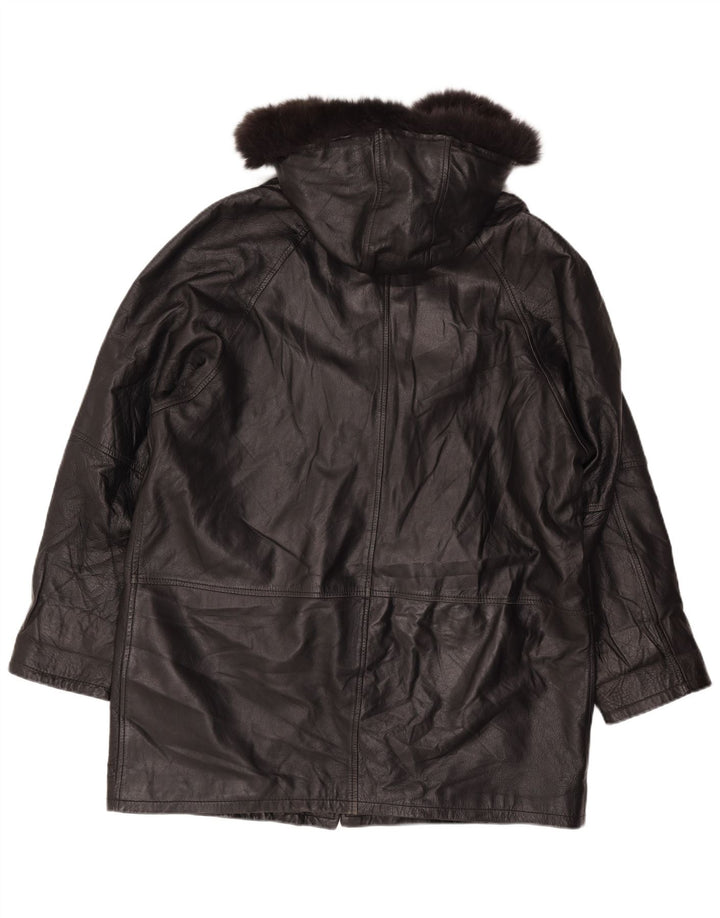 Винтажное женское кожаное пальто свободного кроя с капюшоном, Великобритания, 18 XL, черное кожаное