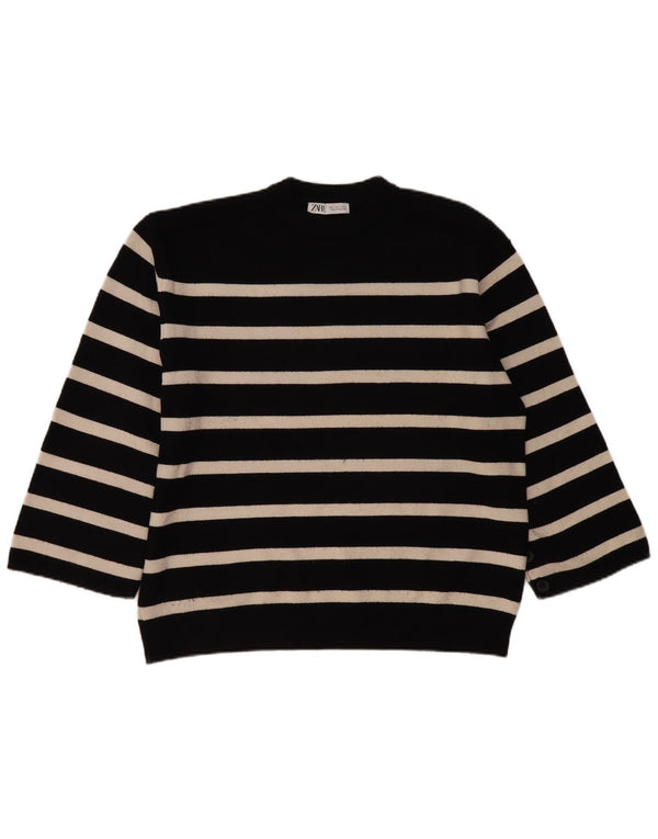 Женский джемпер с круглым вырезом с рукавом 3/4 Zara UK 14, средний черный в полоску