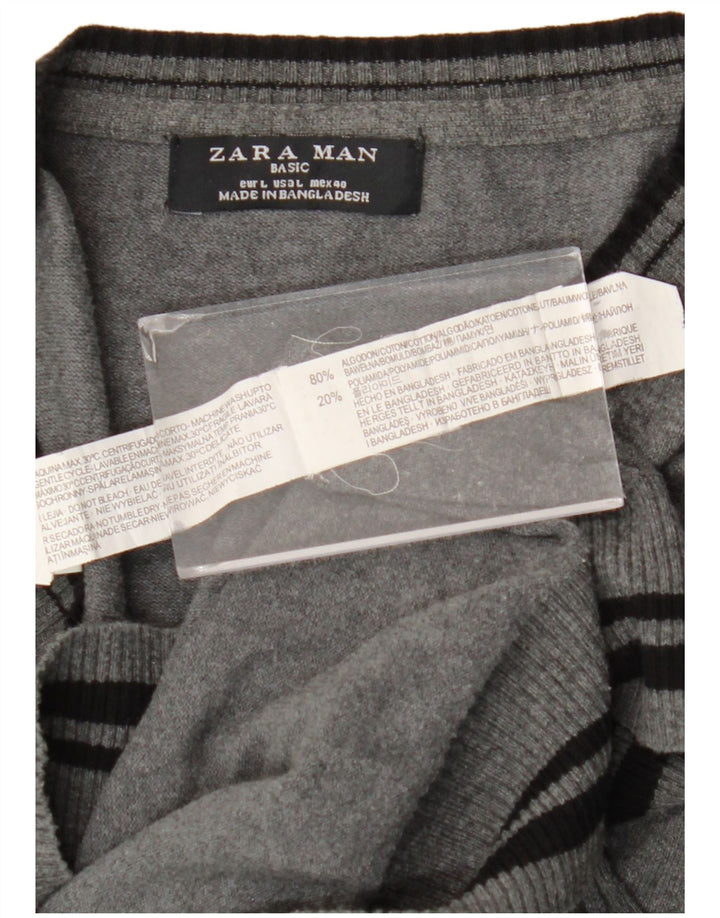 Мужской джемпер с v-образным вырезом Zara, хлопковый свитер в большую серую полоску