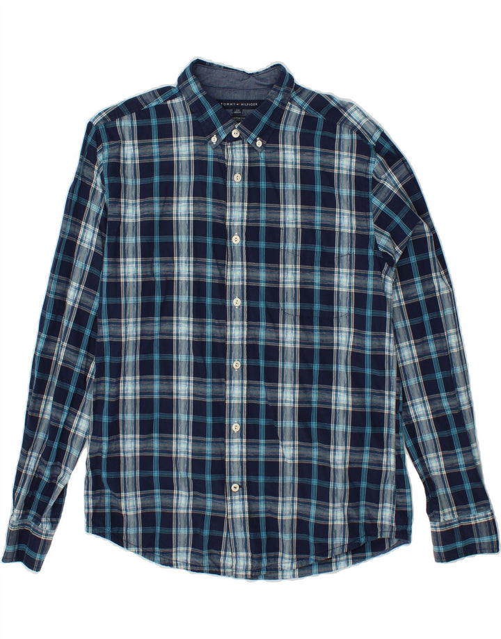 TOMMY HILFIGER Mens Custom Fit Shirt Large Navy Blue Check Cotton Vintage Tommy Hilfiger and Second-Hand Tommy Hilfiger from Messina Hembry 