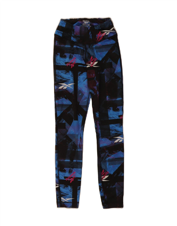 REEBOK Womens Graphic Leggings UK 2 2XS  Blue Geometric Polyester Vintage Reebok and Second-Hand Reebok from Messina Hembry 