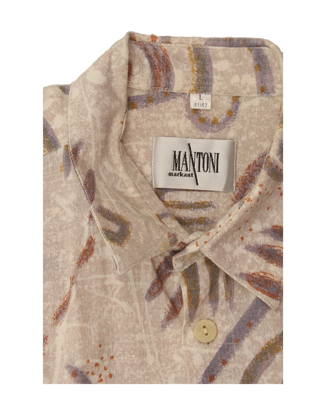 MANTONI Mens Abstract Pattern Short Sleeve Shirt Size 41/42 Large Beige Vintage Mantoni and Second-Hand Mantoni from Messina Hembry 