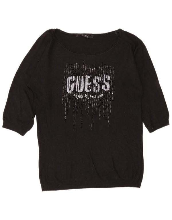 Guess Womens Graphic 3/4 Sleeve Boat Neck Jumper Sweater UK 6 XS Black