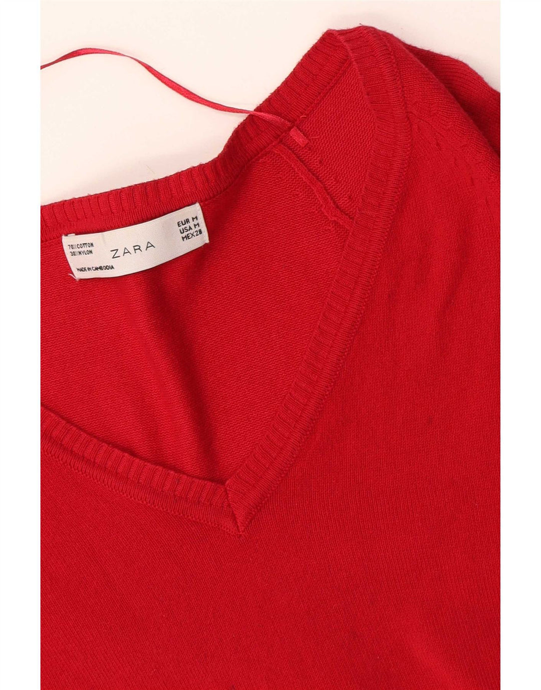 Женский джемпер с v-образным вырезом Zara UK 12, хлопковый средний красный цвет