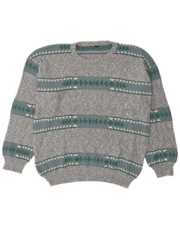 Vintage Mens Crew Neck Jumper Sweater IT 50 Medium Grey Geometric Cotton