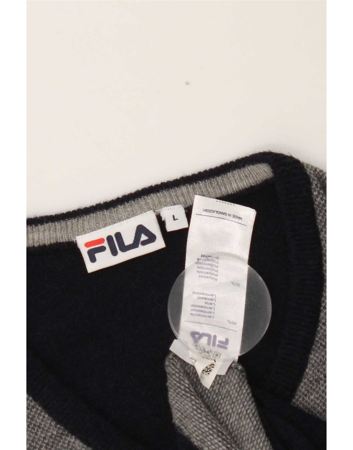 Мужской джемпер Fila с v-образным вырезом, большой темно-синий, из овечьей шерсти с цветными блоками