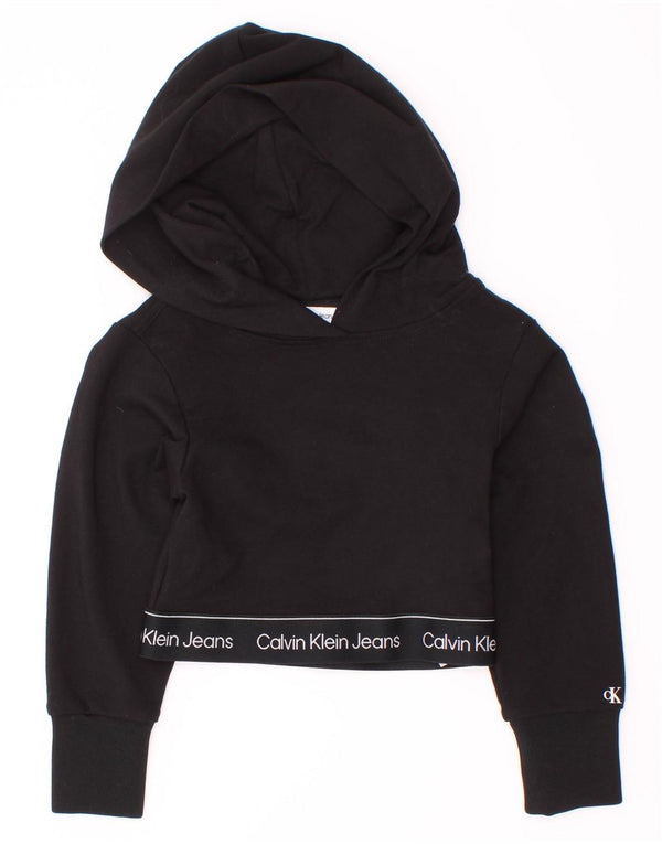 Укороченный джемпер с капюшоном и рисунком Calvin Klein для девочек 3–4 лет, черный вискоза