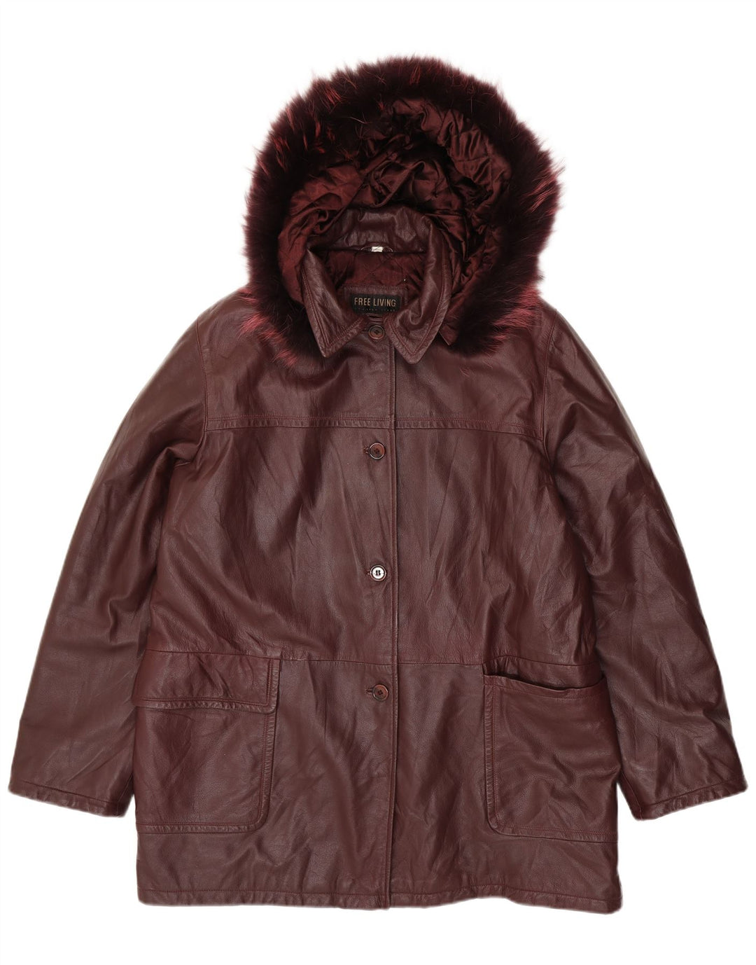 Винтажное женское кожаное пальто оверсайз с капюшоном IT 50 XL Темно-бордовая кожа