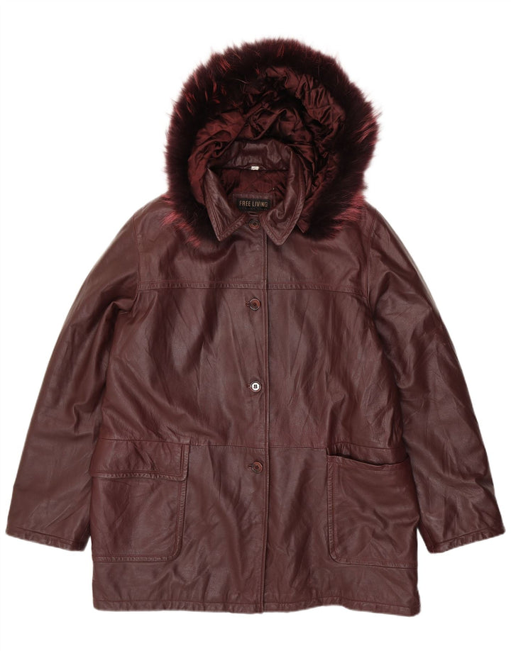 Винтажное женское кожаное пальто оверсайз с капюшоном IT 50 XL Темно-бордовая кожа