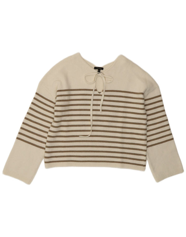 Женский укороченный джемпер с v-образным вырезом MASSIMO DUTTI UK 10, маленький белый в полоску