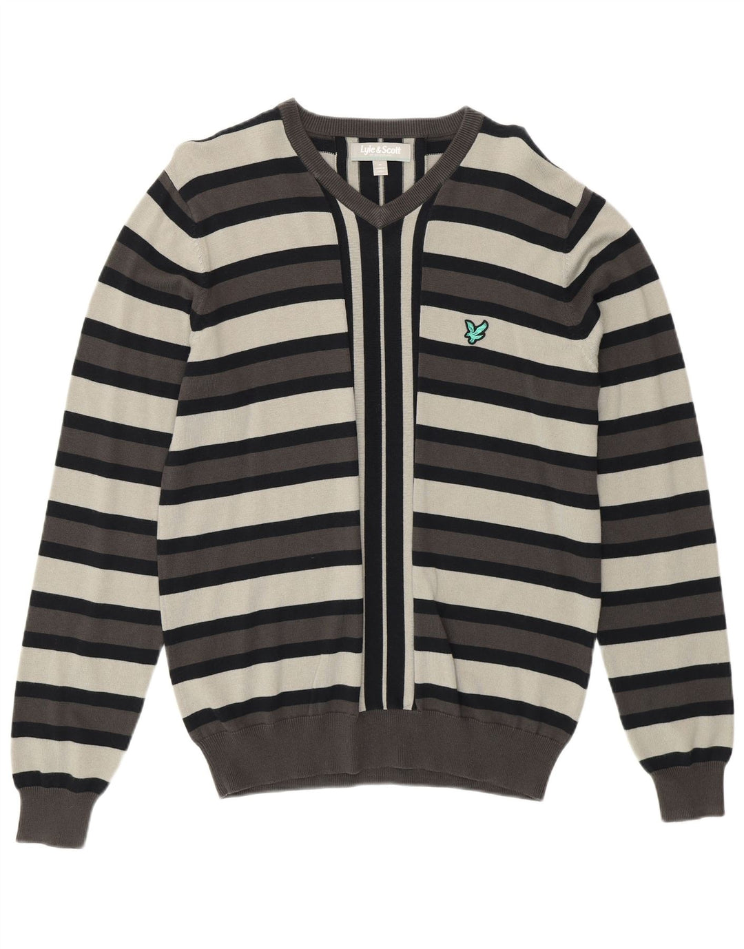 Мужской джемпер с v-образным вырезом LYLE & SCOTT, хлопковый свитер среднего серого цвета в полоску