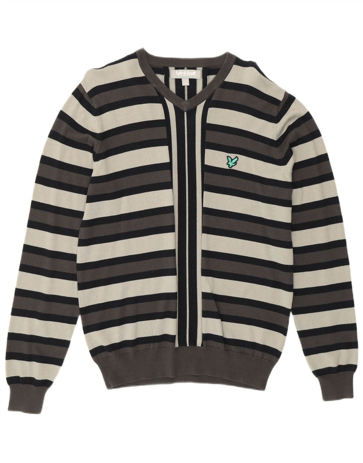 Мужской джемпер с v-образным вырезом LYLE & SCOTT, хлопковый свитер среднего серого цвета в полоску