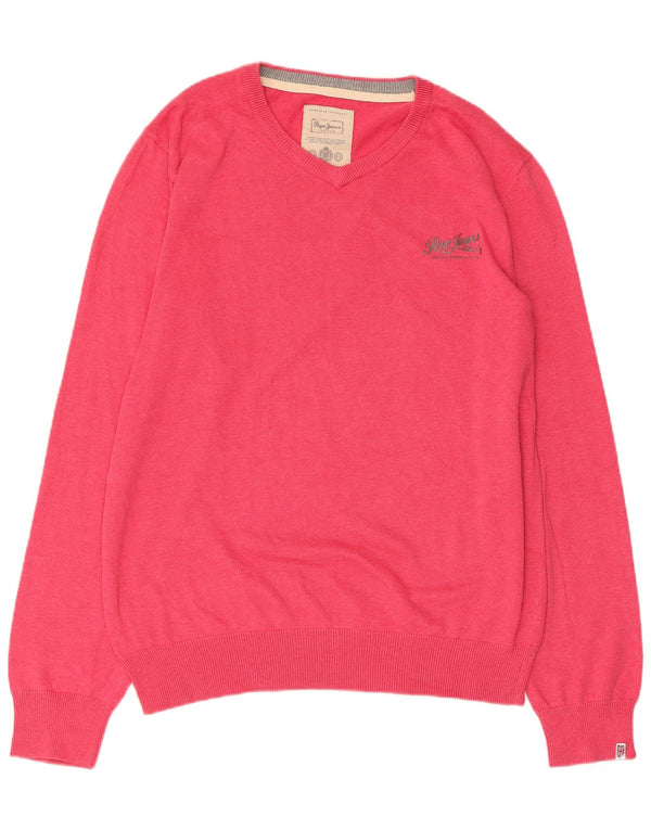 PEPE JEANS Womens V-Neck Jumper Sweater UK 18 XL Pink Cotton