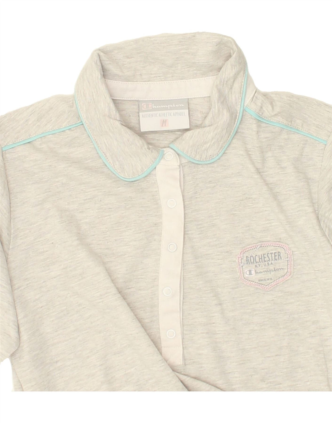 CHAMPION Womens 3/4 Sleeve Polo Shirt UK 12 Medium Grey Cotton | Vintage Champion | Thrift | Second-Hand Champion | Used Clothing | Messina Hembry 