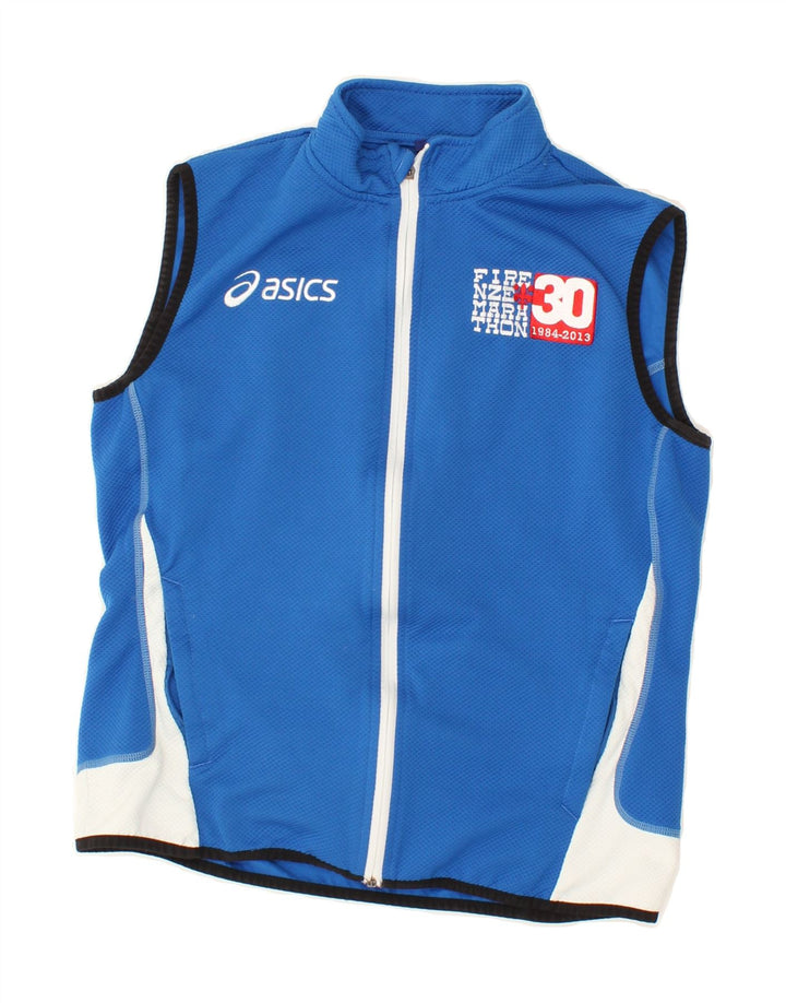 ASICS Womens Graphic Sleeveless Tracksuit Top Jacket UK 14 Medium Blue Vintage Asics and Second-Hand Asics from Messina Hembry 
