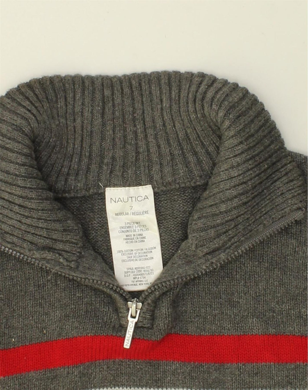 NAUTICA Girls Zip Neck Jumper Sweater 6-7 Years Grey Striped Cotton | Vintage Nautica | Thrift | Second-Hand Nautica | Used Clothing | Messina Hembry 