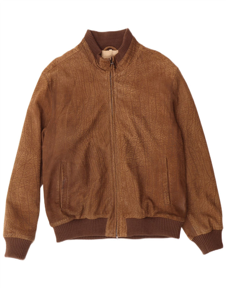 VINTAGE Mens Abstract Pattern Leather Jacket UK 42 XL Brown Leather