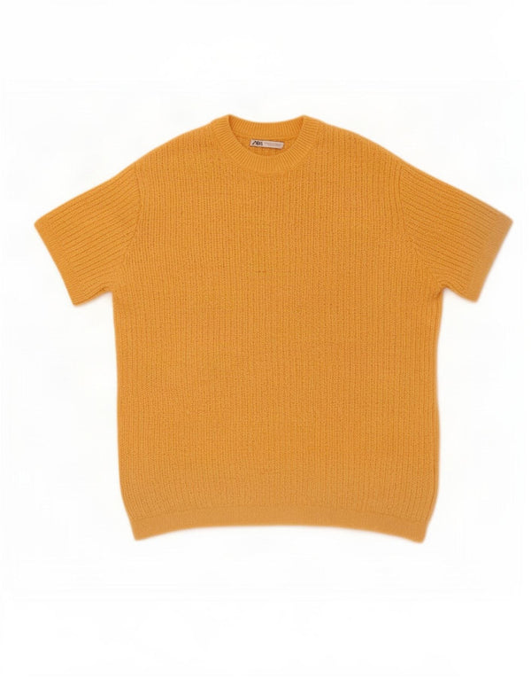 Zara Mens Short Sleeve Crew Neck Jumper Sweater Medium Yellow Cotton