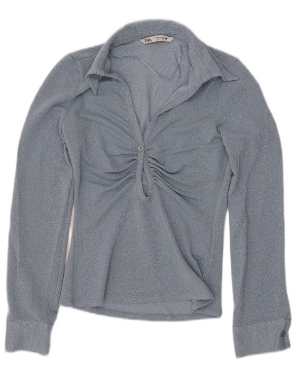 Женская блузка с длинным рукавом ZARA UK 6 XS Синяя вискоза