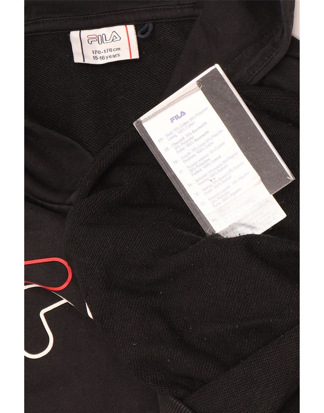Джемпер с капюшоном FILA для мальчиков с рисунком, 15–16 лет, черный, хлопок