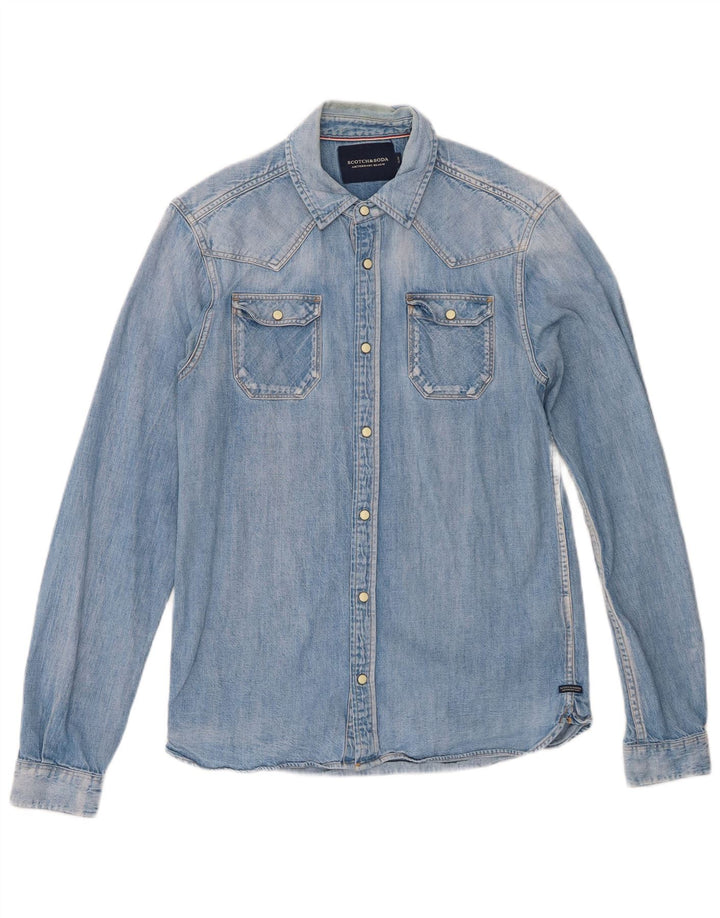 Мужская тонкая джинсовая рубашка Scotch & Soda из хлопка среднего синего цвета