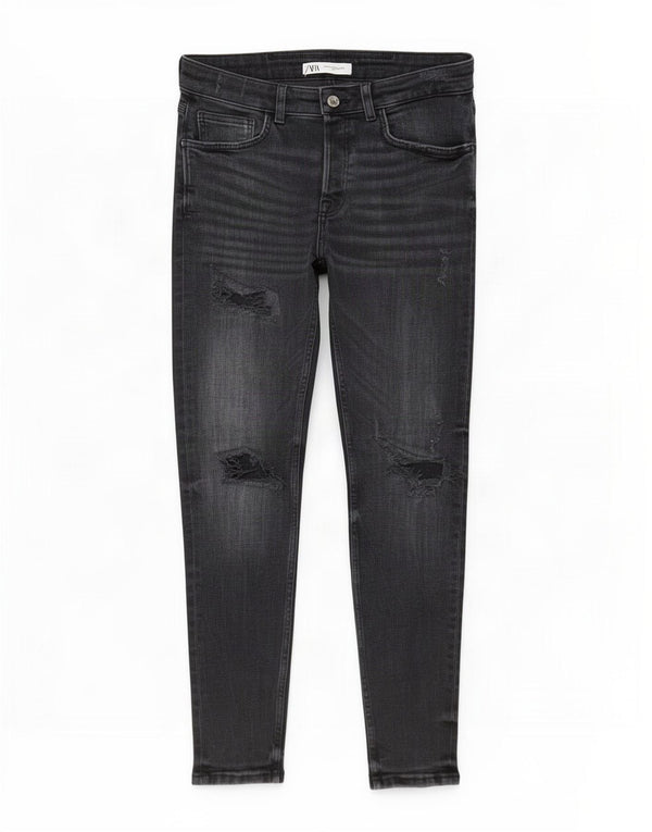 Zara Mens Distressed Skinny Jeans EU 42 Large W32 L30 Black Cotton