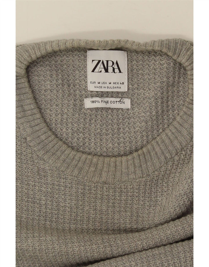 Мужской джемпер с круглым вырезом ZARA, хлопковый свитер среднего серого цвета