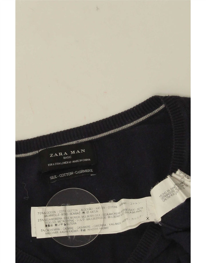 Мужской джемпер с v-образным вырезом Zara, большой темно-синий хлопковый свитер