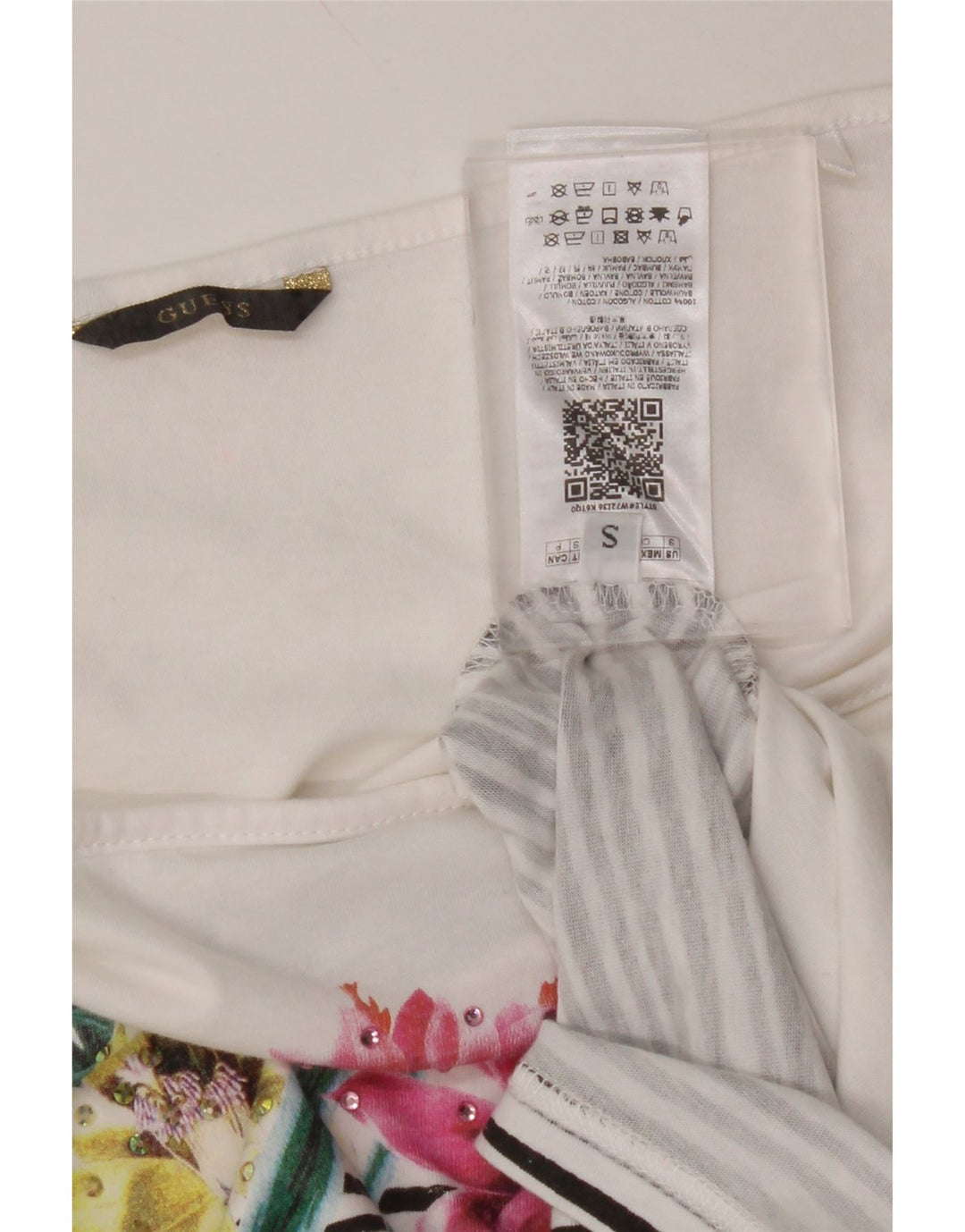 GUESS Женская укороченная футболка с открытыми плечами, топ UK 10, маленький белый цветочный хлопок