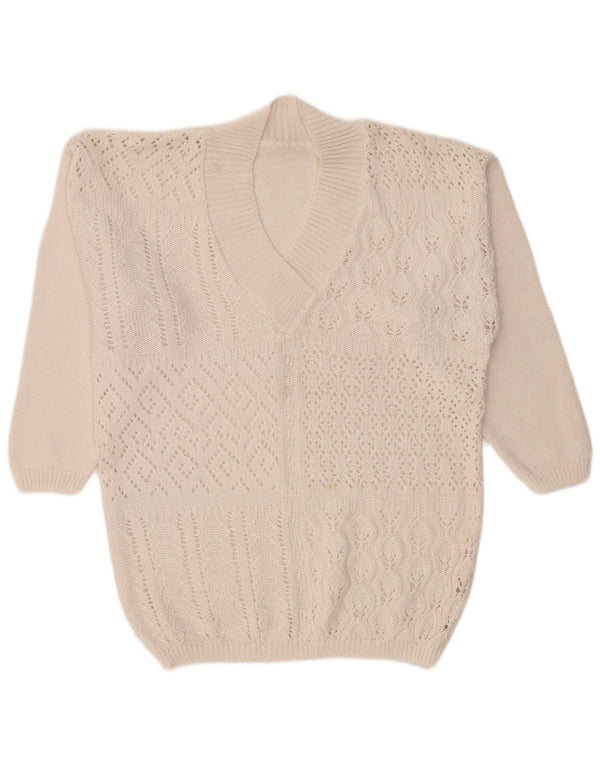 ВИНТАЖНЫЙ женский джемпер с v-образным вырезом, Великобритания 14, средний цвет, белый хлопок