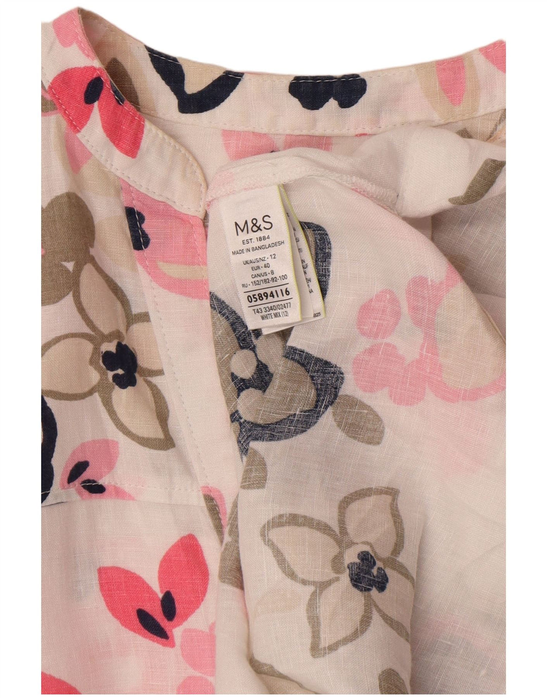 Женская блузка оверсайз Marks & Spencer UK 12, средний белый льняной цветочный принт