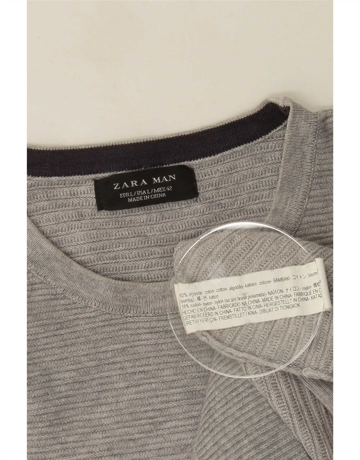 Мужской джемпер с круглым вырезом Zara, большой серый хлопковый свитер