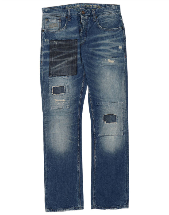 Мужские потертые прямые джинсы Jack & Jones W32 L34 синие, лоскутный хлопок